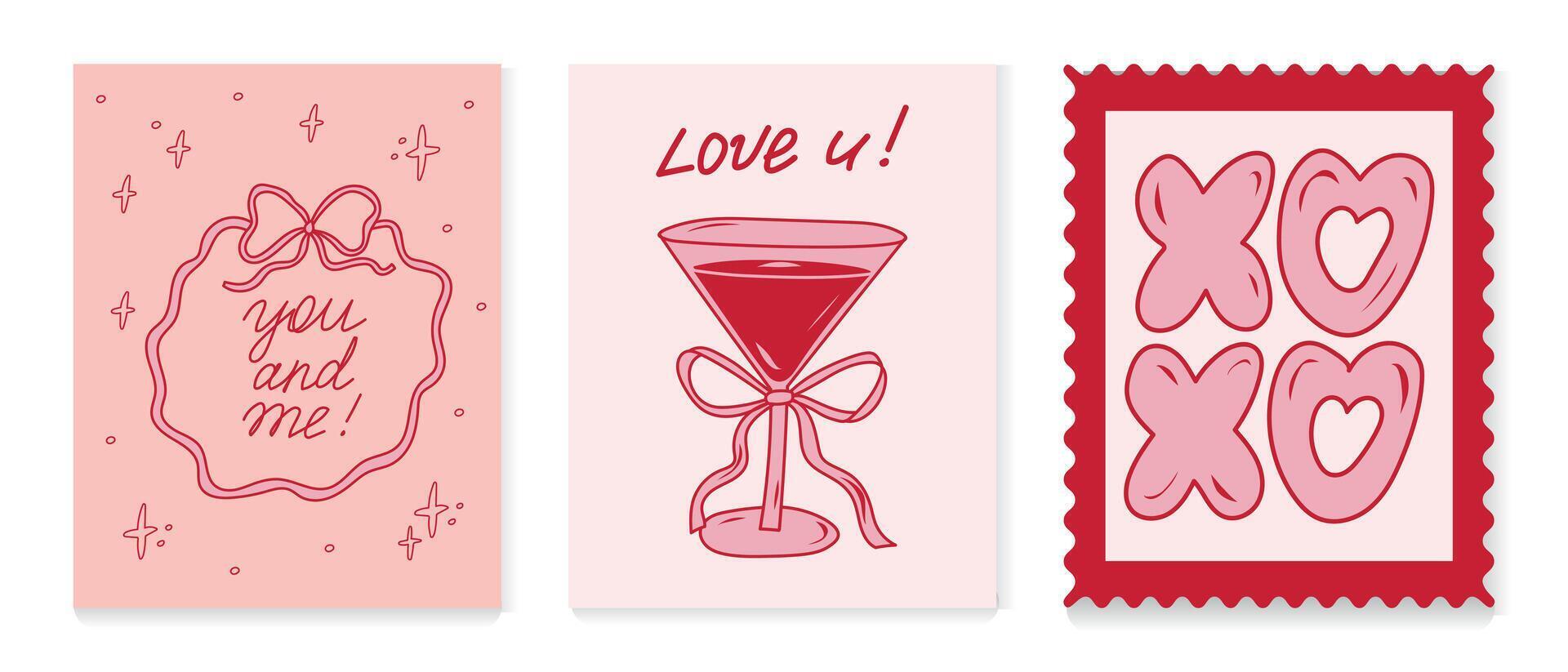 Festive collection of greeting cards designed for romantic occasions featuring playful illustrations and heartfelt messages vector