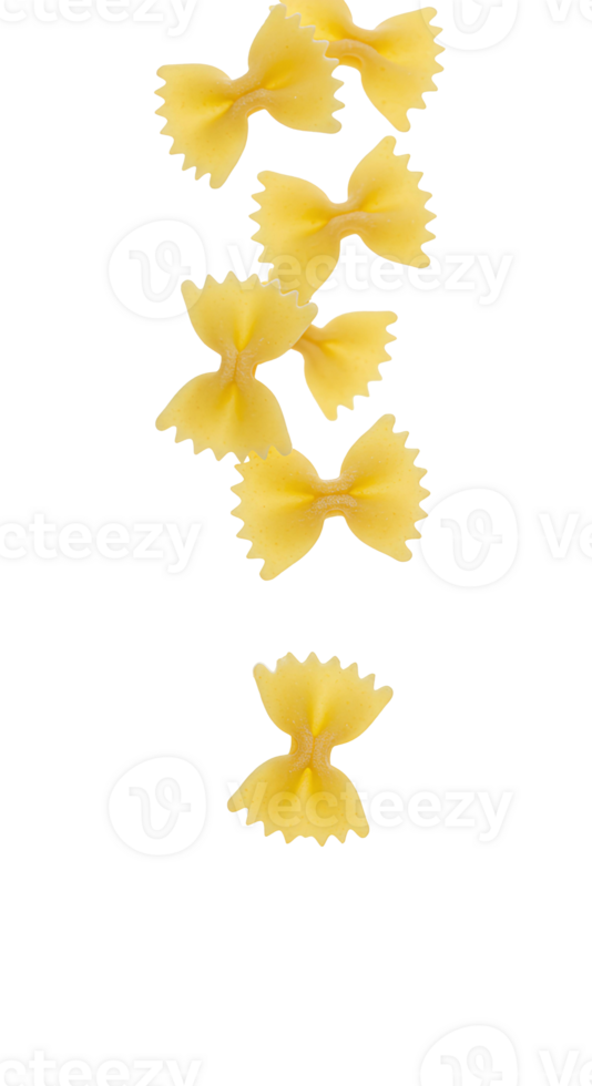 Farfalle pasta falling down isolated showcasing golden wheat-based pasta pieces in mid-air, ideal for food photography, cooking advertisements, and Mediterranean diet promotions png