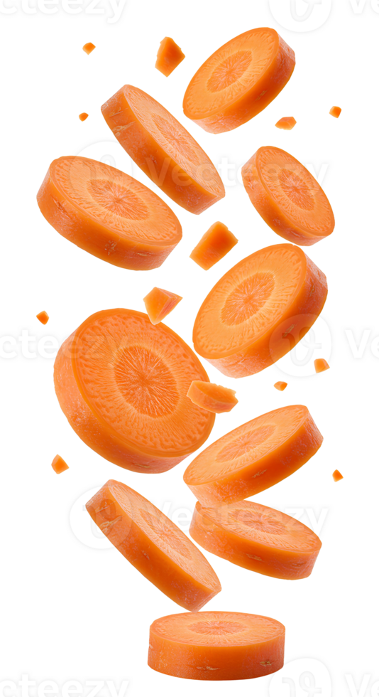 Falling carrots isolate showcasing fresh and nutritious carrot pieces flying in motion, perfect for plant-based food concepts, vegetarian recipes, and vitamin-rich diet themes png