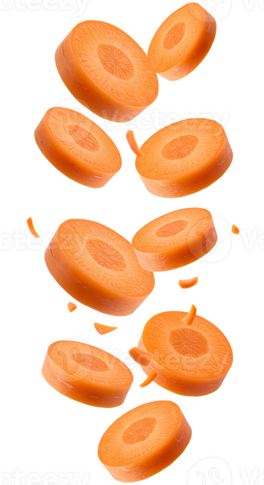 Falling carrots isolated showcasing fresh and nutritious carrot pieces flying in motion, perfect for plant-based food concepts, vegetarian recipes, and vitamin-rich diet themes png
