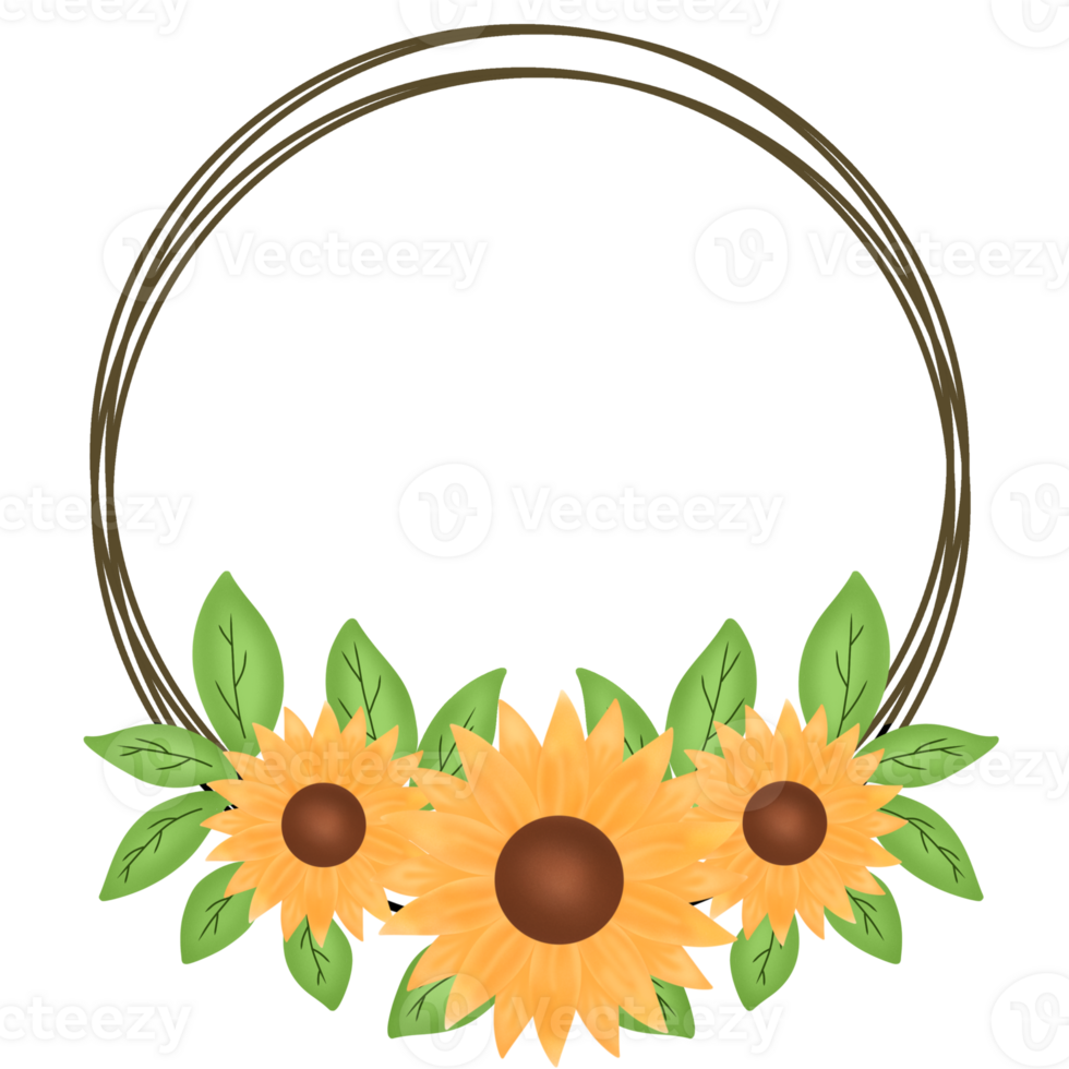 Floral frame with sun flower and leaf for wedding invitation card png