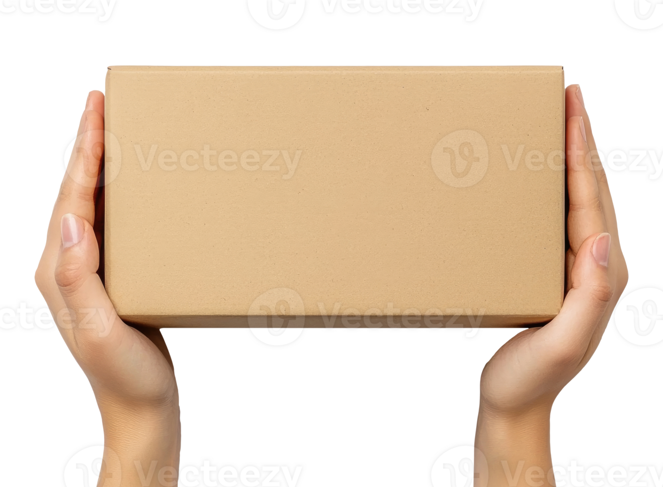 Hands with brown cardboard box, top view png