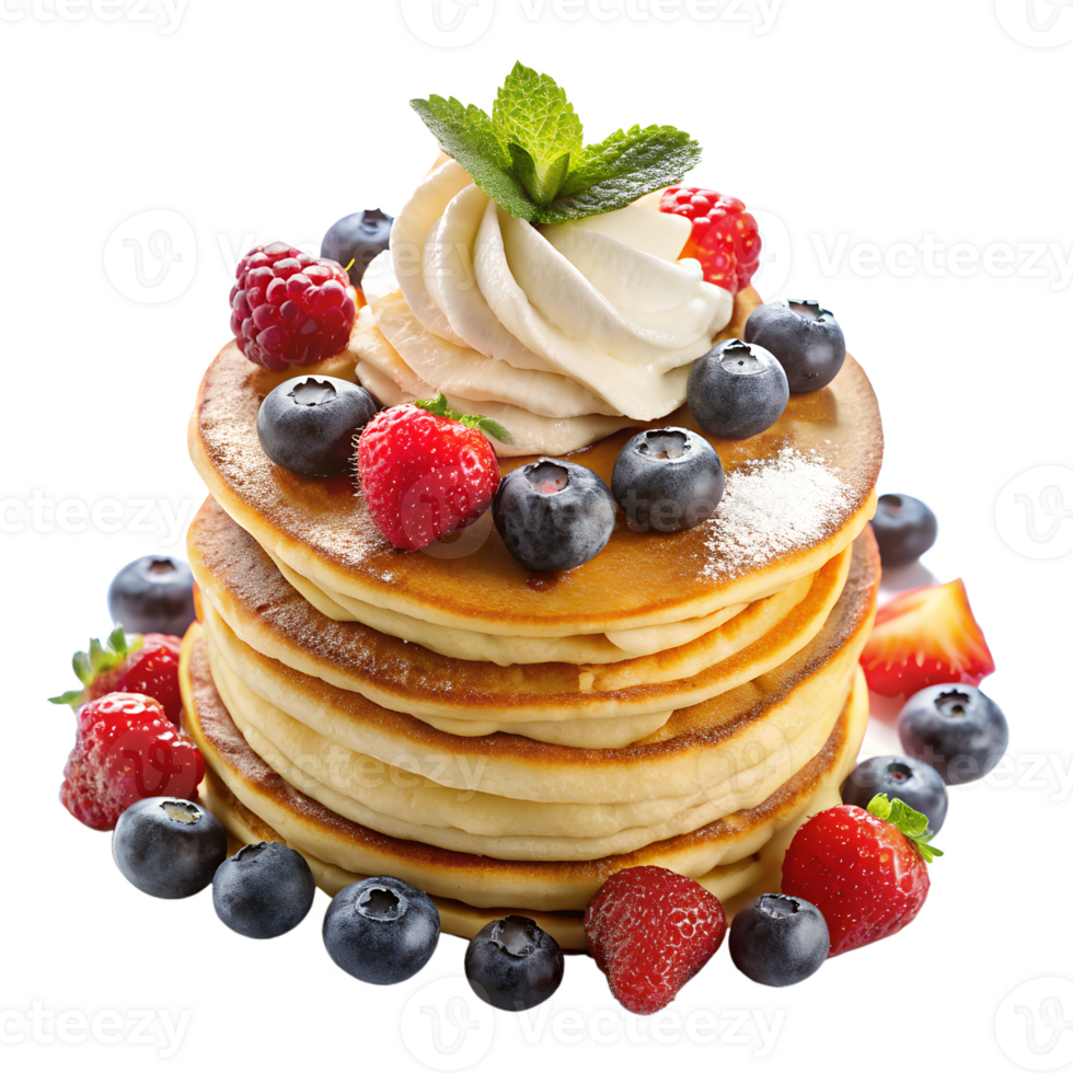 A stack of pancakes topped with berries and whipped cream png