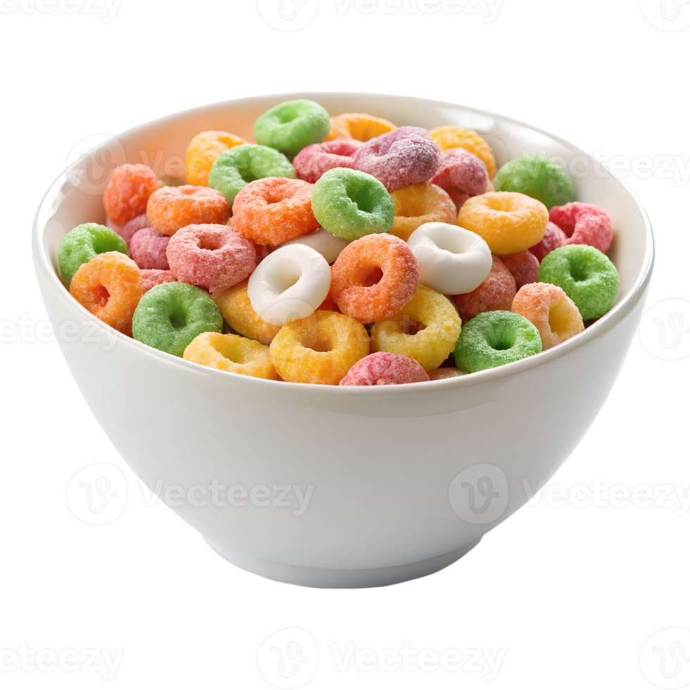 A bowl of cereal with colorful cereal rings png