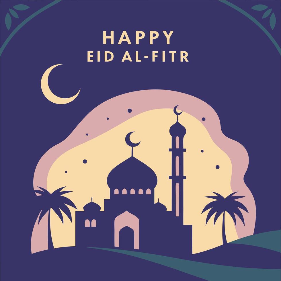 Eid al-fitr greeting card with mosque and crescent vector