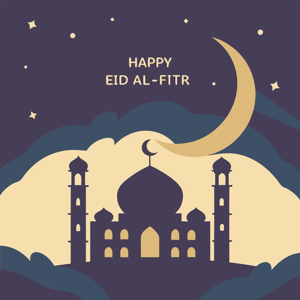 Eid al fitr greeting card with mosque and moon vector