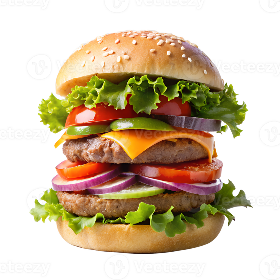 A hamburger with cheese, lettuce, tomatoes and onions png