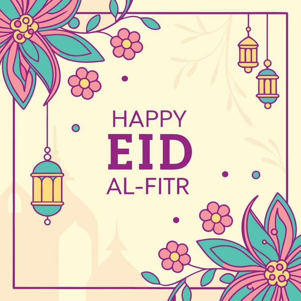 Happy eid al-fitr greeting card with flowers and lanterns vector