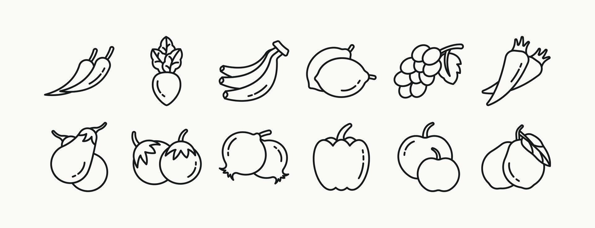 Fruit and vegetables minimalist black outline icon set design vector