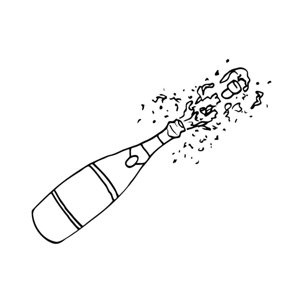 champagne bottle with popping cork with foam and splashes - hand drawn line art vector
