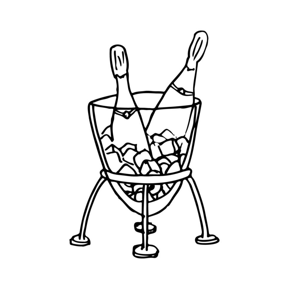 two bottles of champagne in a bowl with ice on legs - hand drawn line art vector