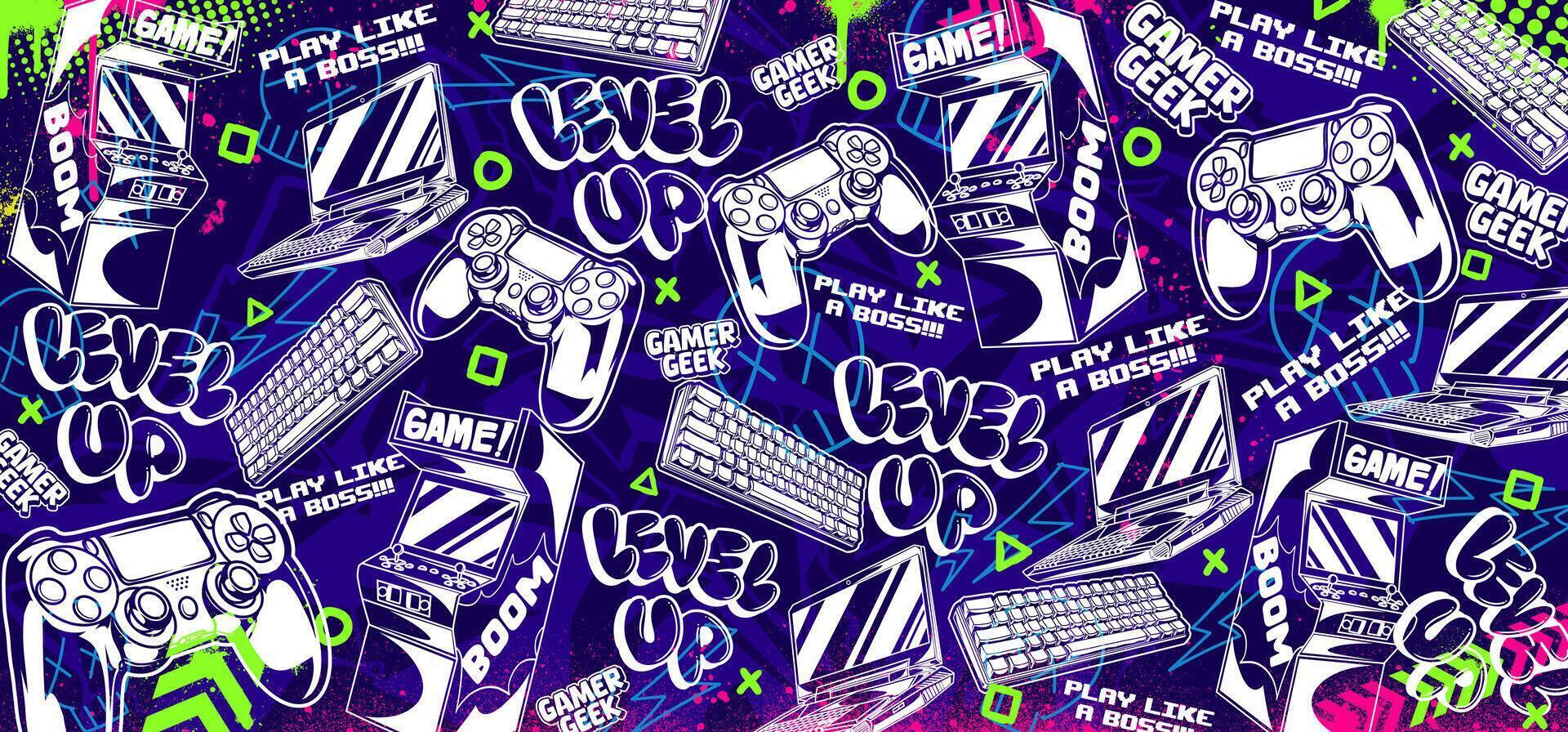 Gaming graffiti background illustrations. Retro videogame graphic icon elements vector