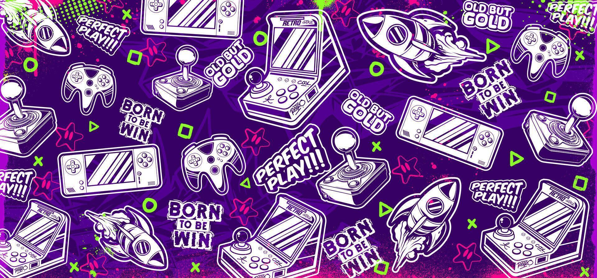 Gaming illustrations. Retro videogame graphic icon elements in graffiti style vector