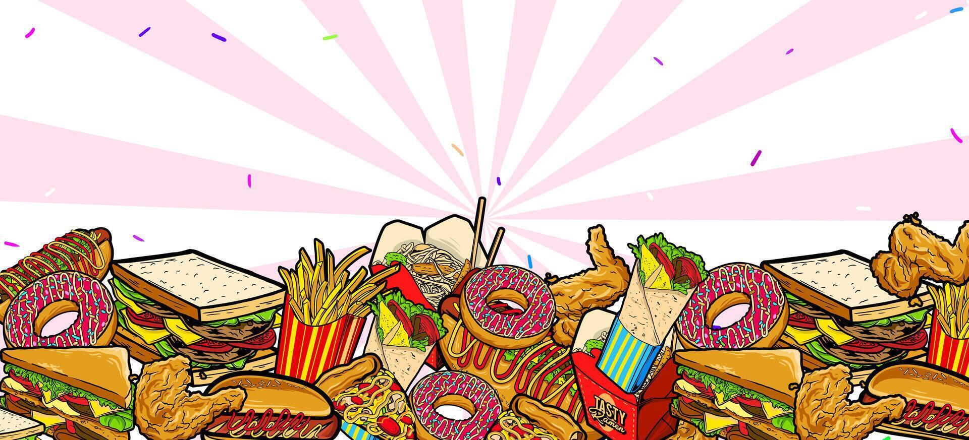 Various food background. Hand drawn fast food drawing illustration vector