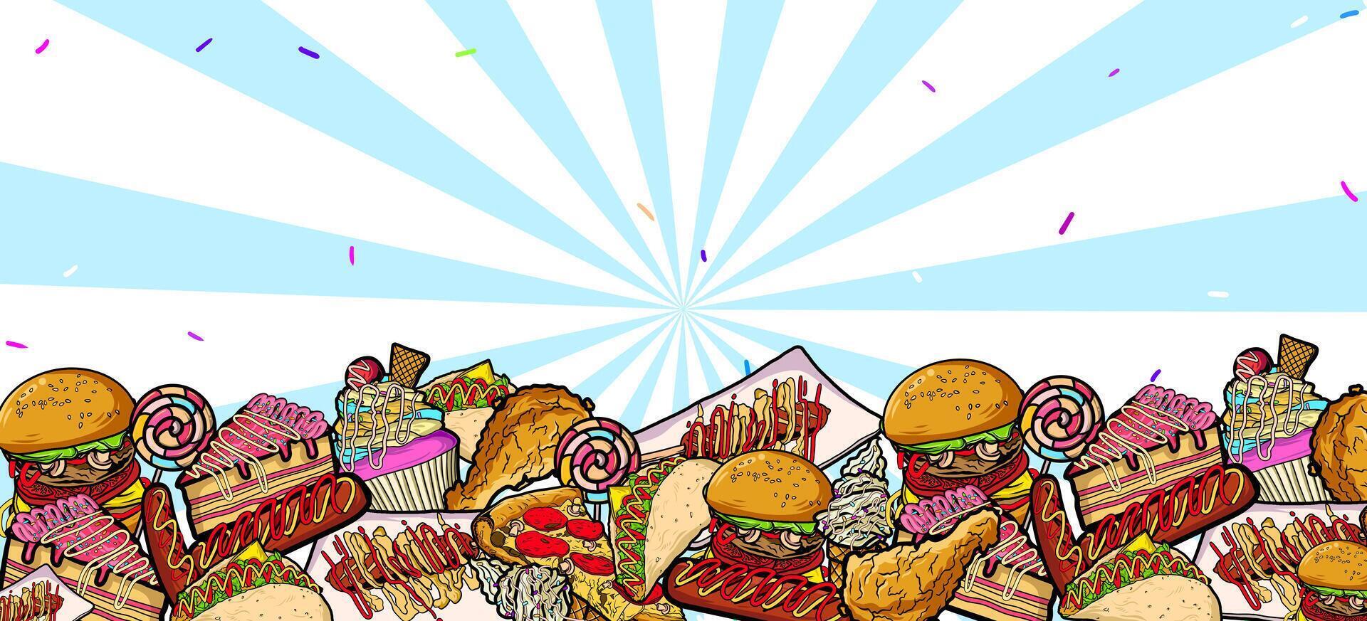 Various food background design. Hand drawn fast food drawing illustration vector