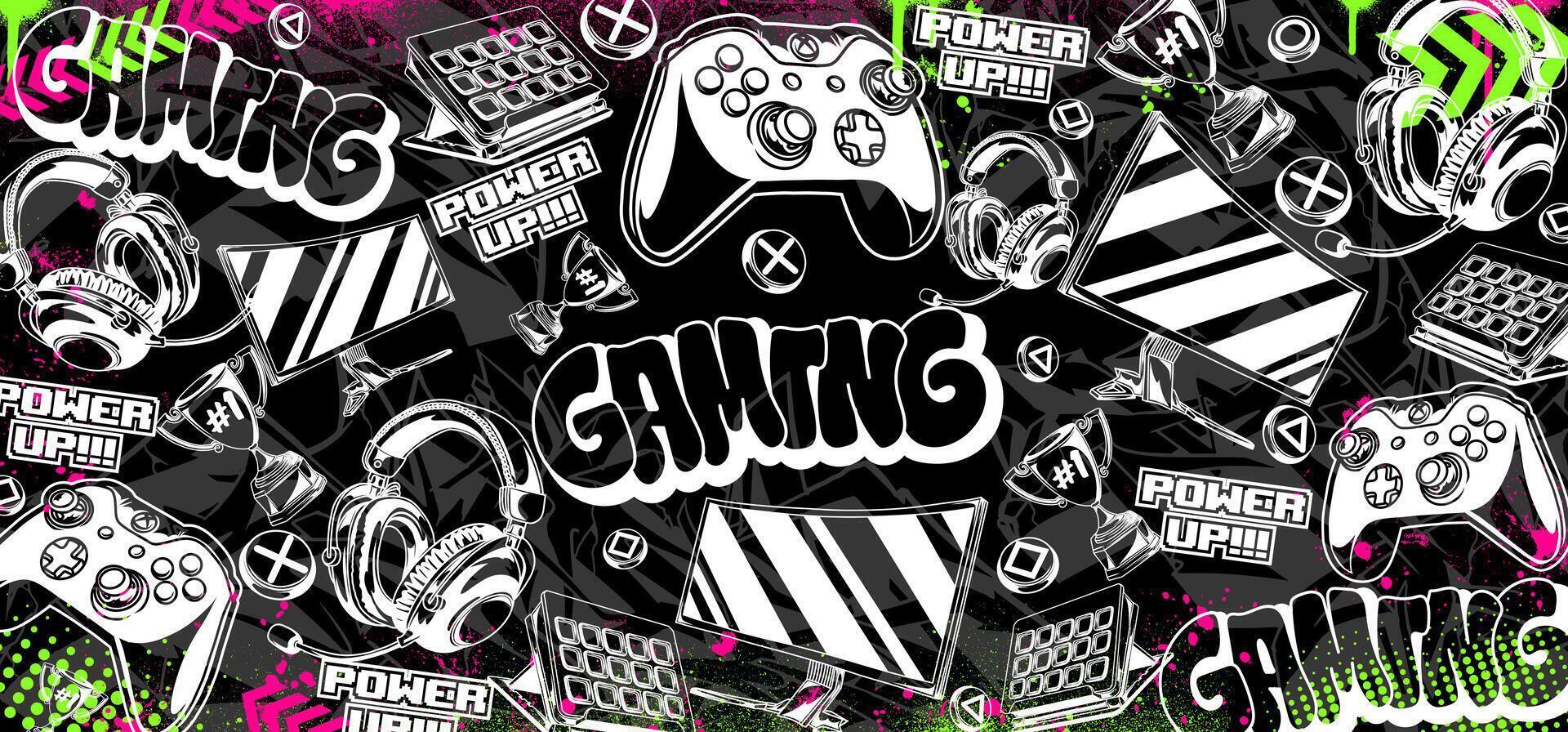 Gaming background illustrations. Retro videogame graphic icon elements in graffiti style vector