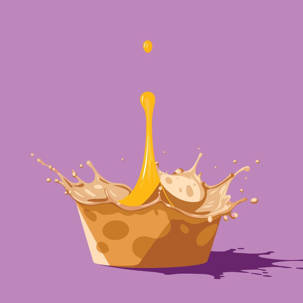 Cheese Droplet Impact - The Moment of Golden Collision on Purple Canvas vector