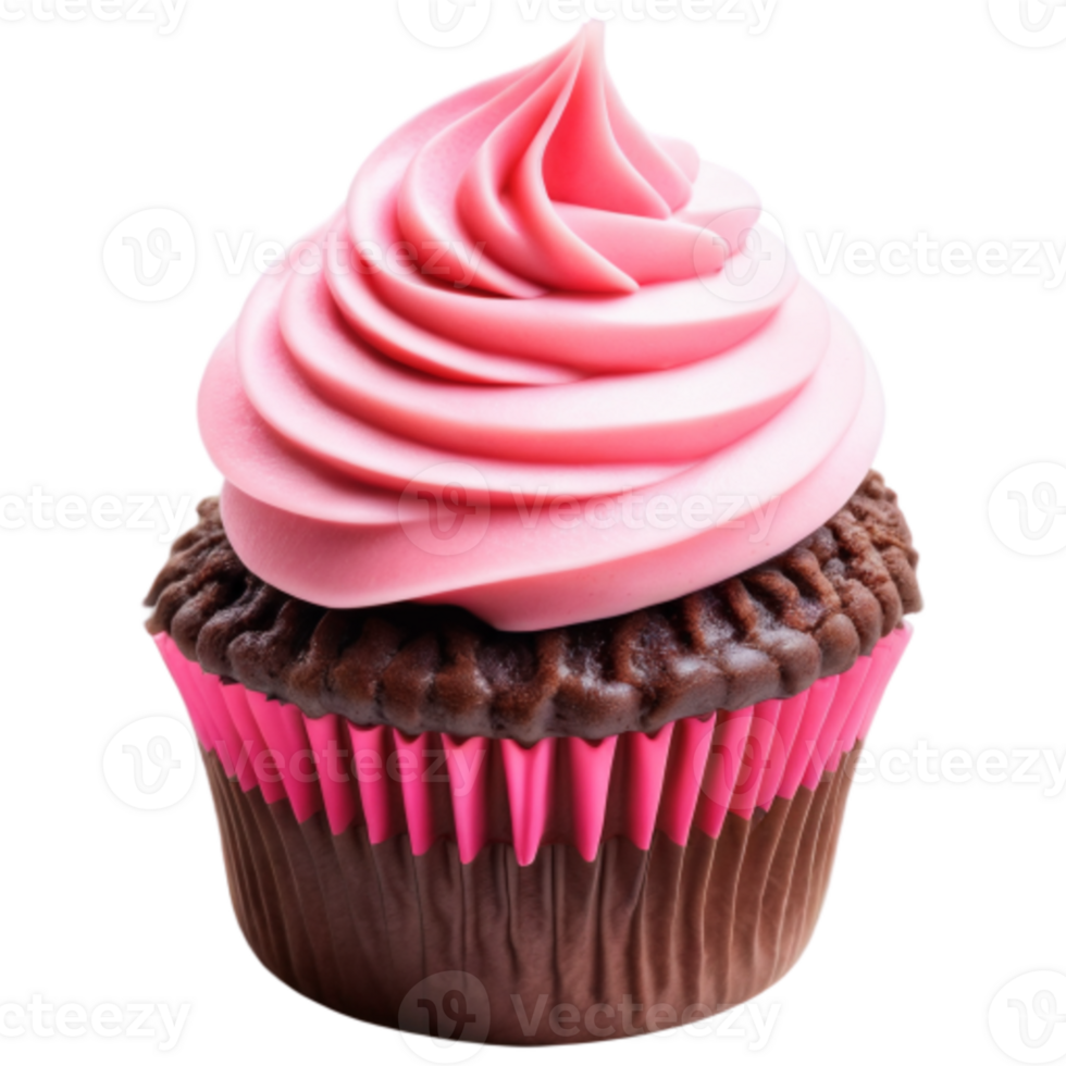 chocolate cupcake with pink frosting swirl isolated on transparent background png