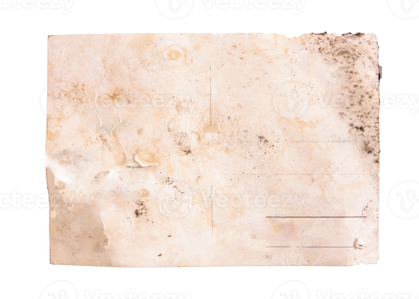 Isolated back side of an old postcard, almost destroyed, worn and faded, with lots of blank space to fill with your content. png
