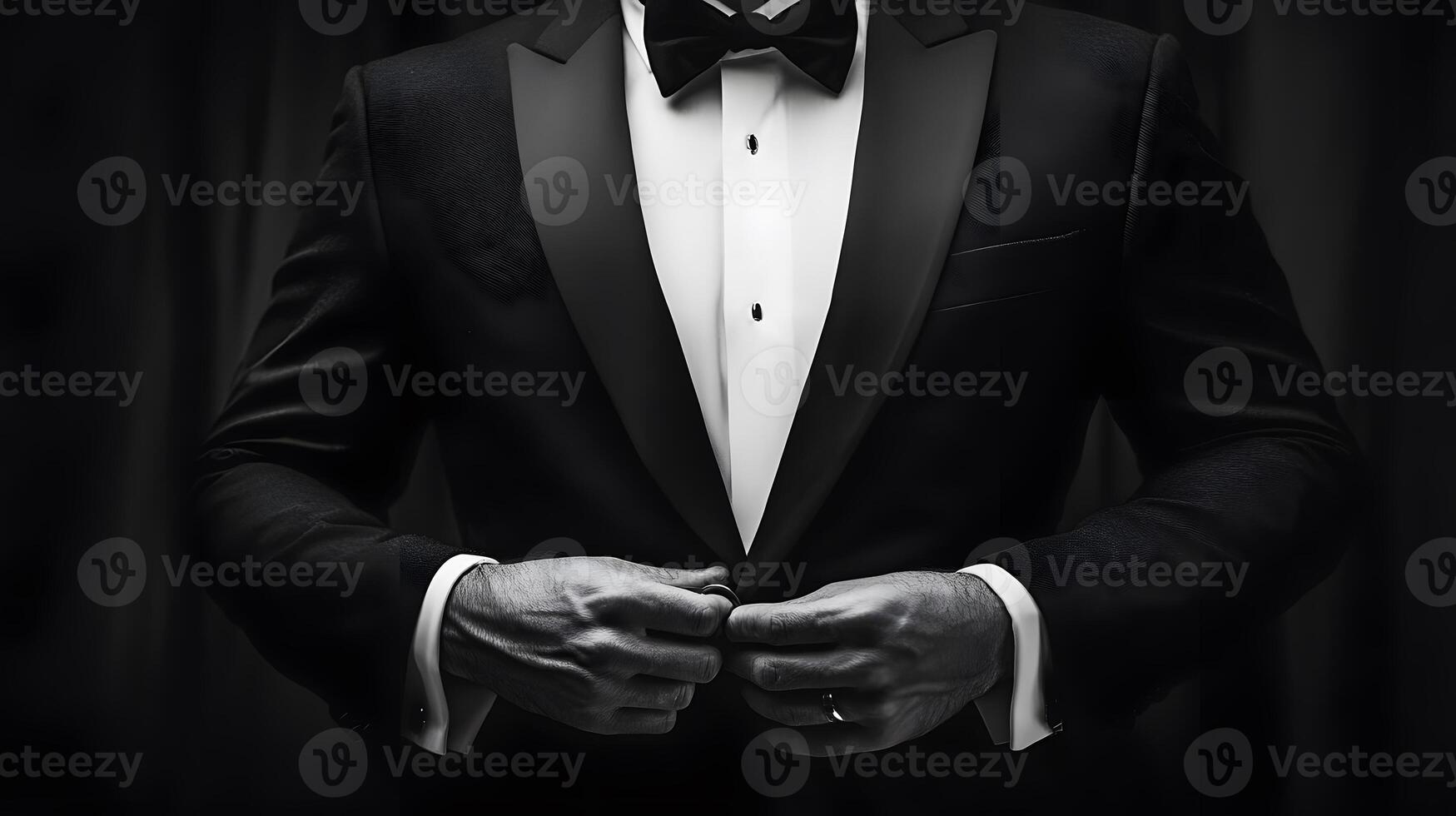 Elegant Man in Tuxedo Preparing for Formal Event in Black and White photo