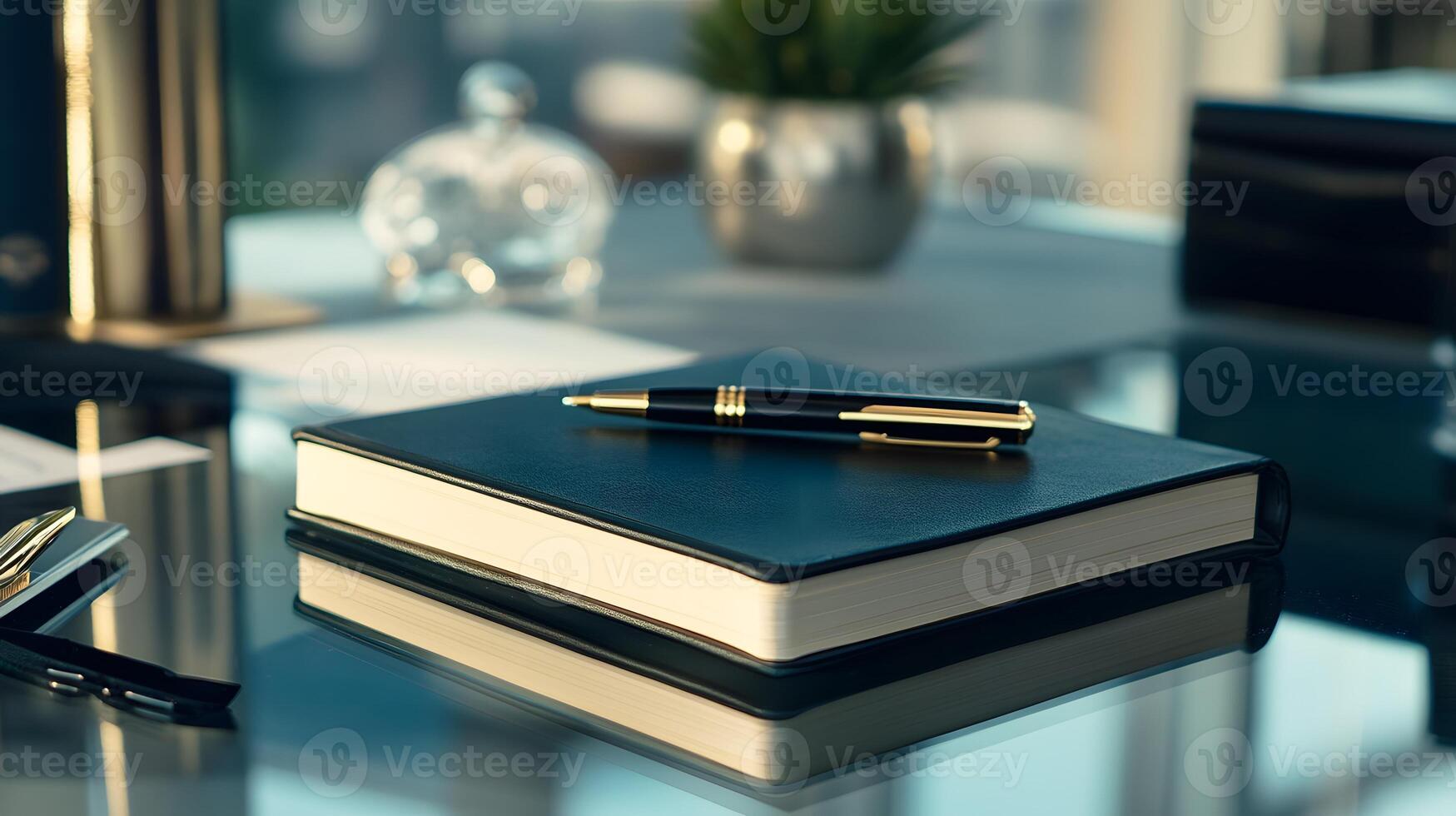 Elegant Desk Setup with Notebook and Pen in Modern Office Space photo