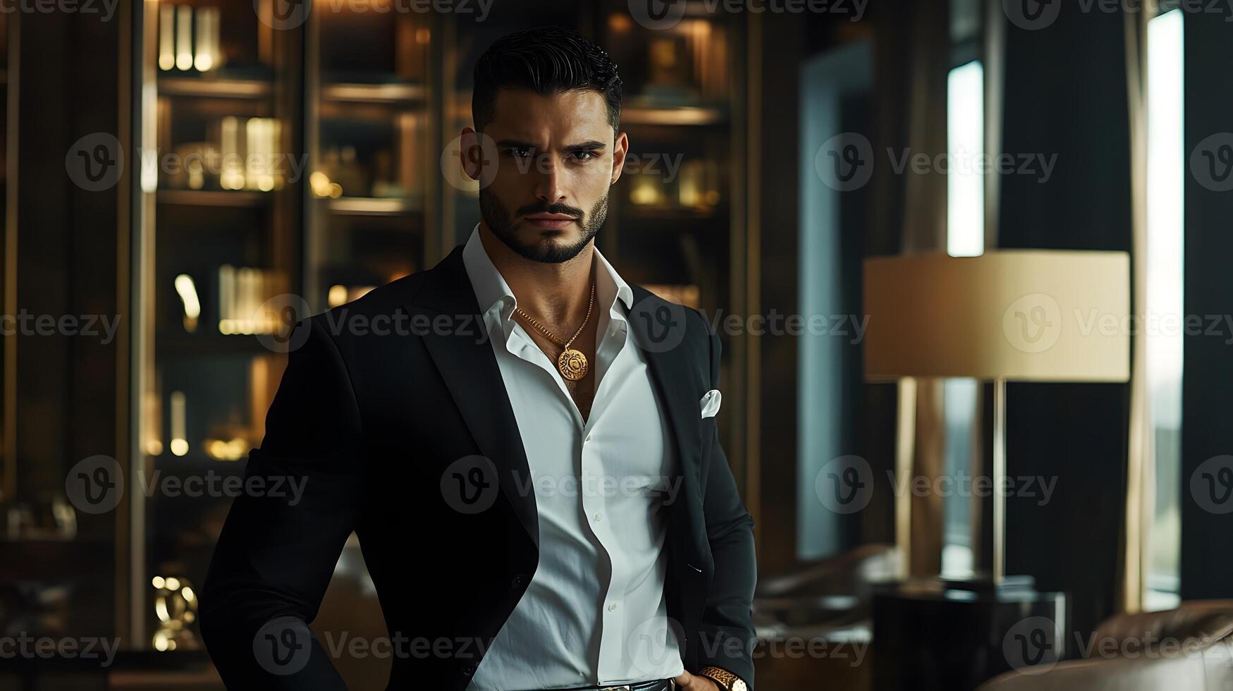 Stylish man in formal attire with a luxurious background setting photo