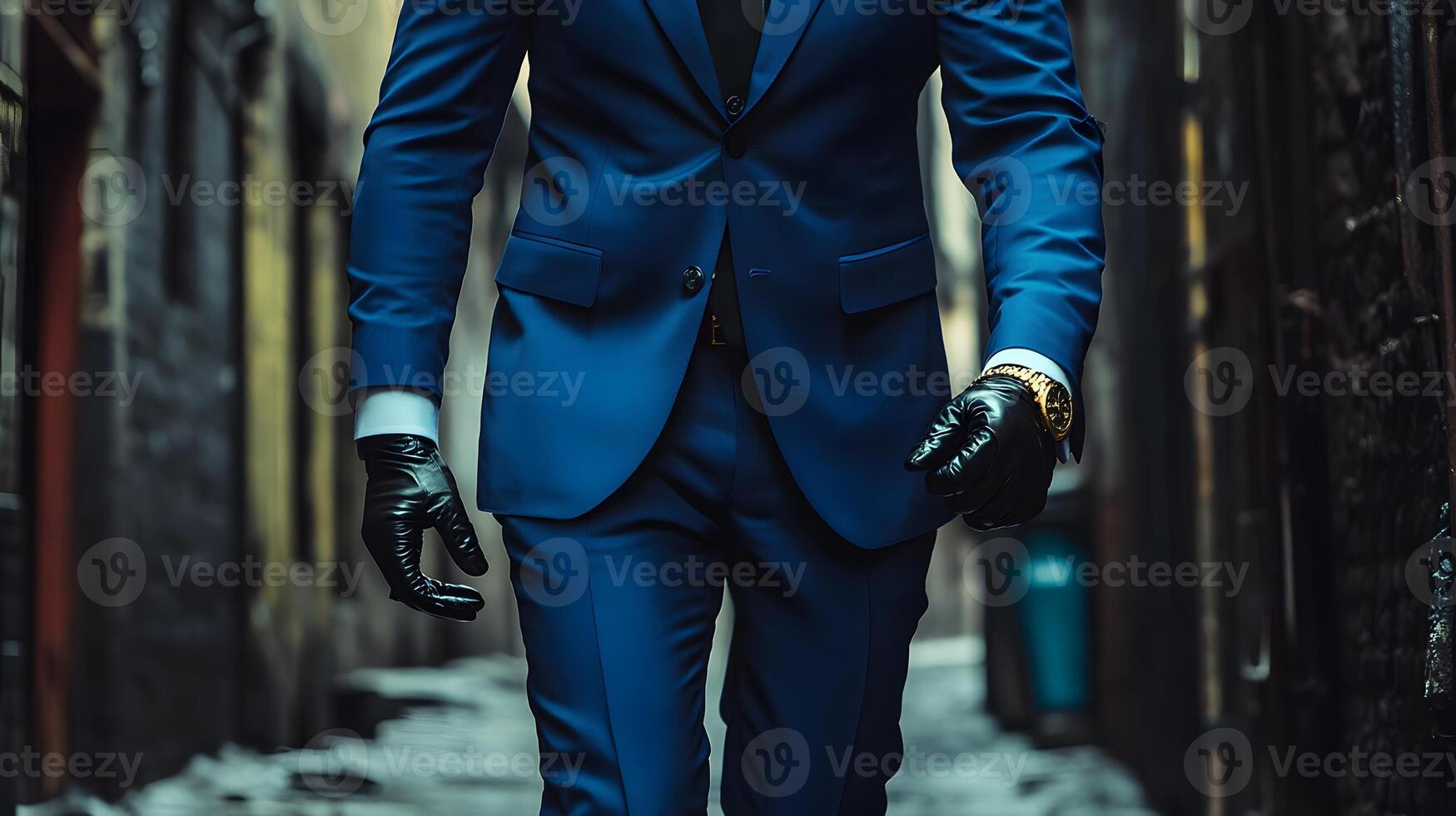 Stylish Man in Blue Suit Walking Confidently in Urban Alleyway photo