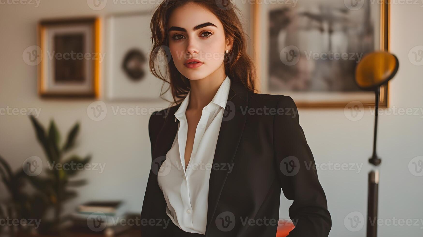 Confident Young Woman in Stylish Black Suit Against Modern Backdrop photo