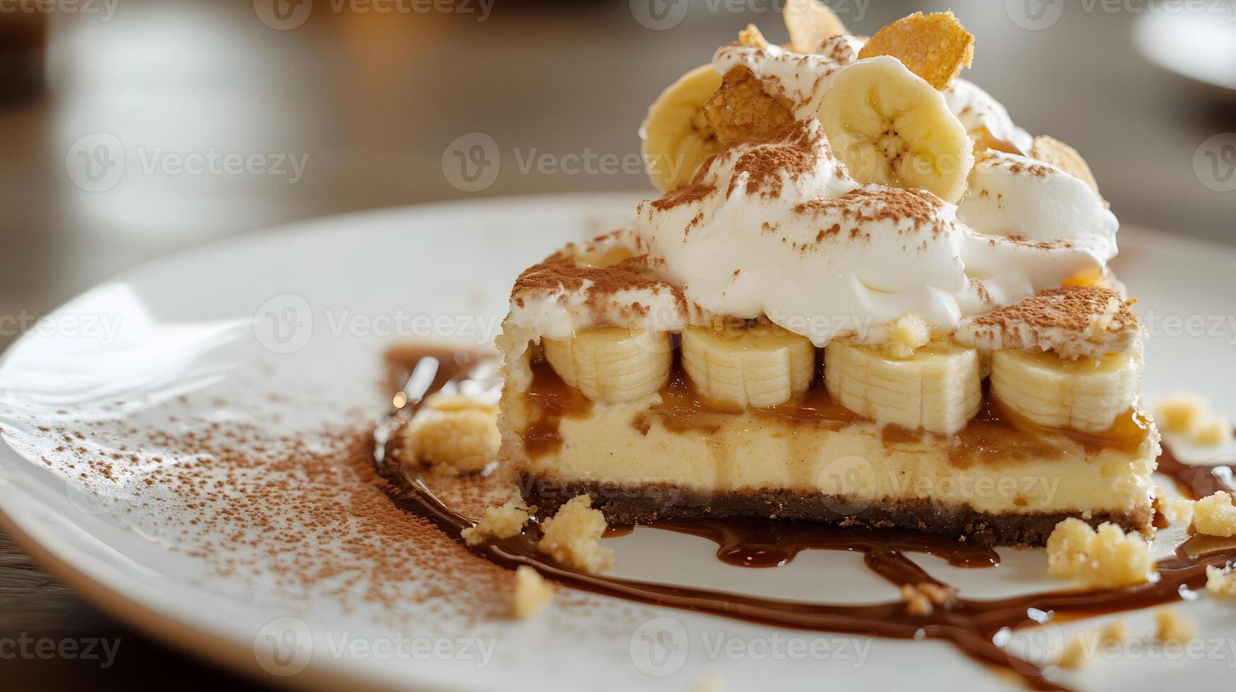 Delicious Banana Cream Dessert with Whipped Cream and Cocoa Topping photo