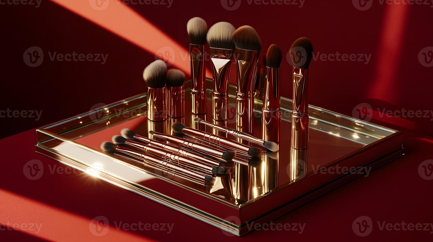 Elegant Makeup Brushes Displayed on Mirror Tray with Red Background photo
