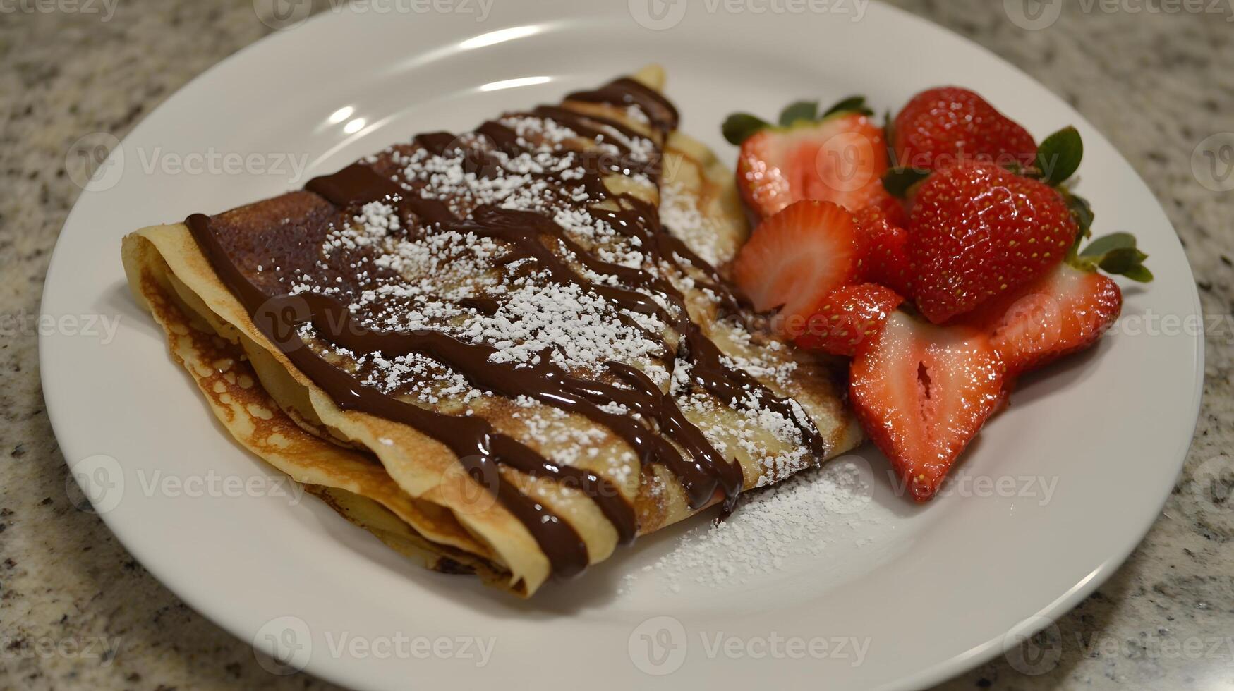 Delicious Chocolate Crepe with Fresh Strawberries on Plate photo