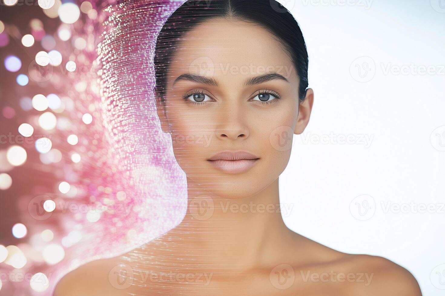 A cyber-inspired portrait of a woman merging with digital light effects, representing cutting-edge technology for skin restoration, lifting, and beauty innovation. . photo