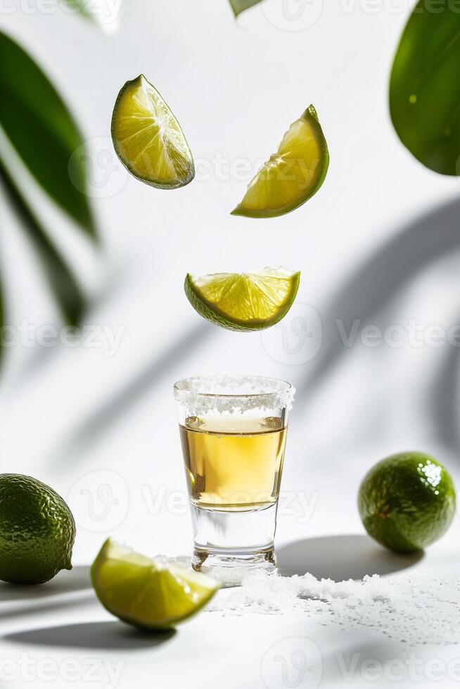 A tequila shot glass rimmed with salt, surrounded by vibrant lime slices in motion and lush green shadows, creating a fresh, tropical, and artistic visual experience. . photo