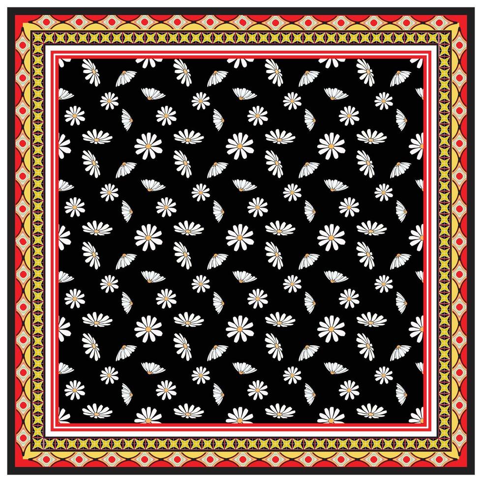 A square scarf print patterned scarf with a black background, white floral motifs, and a red-and-gold border. vector