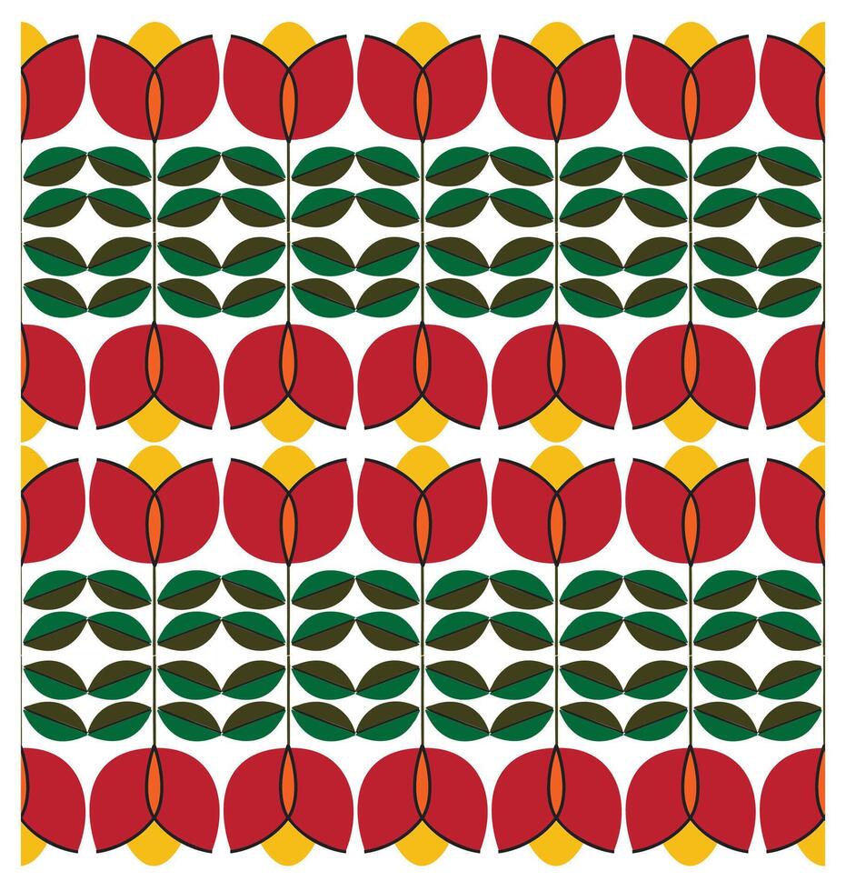 A colorful geometric pattern with repeating leaf-like shapes in red, yellow, and green. vector