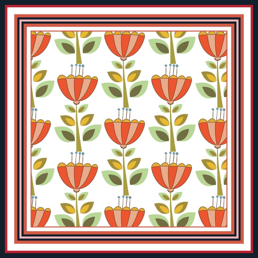 Floral square print pattern with stylized orange flowers and green leaves on a white background, framed by a striped border. vector