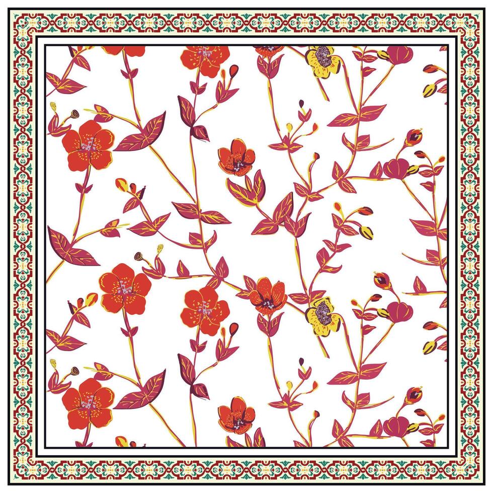 Square print scarf, floral pattern with red and yellow flowers on a white background, enclosed by a decorative border. vector