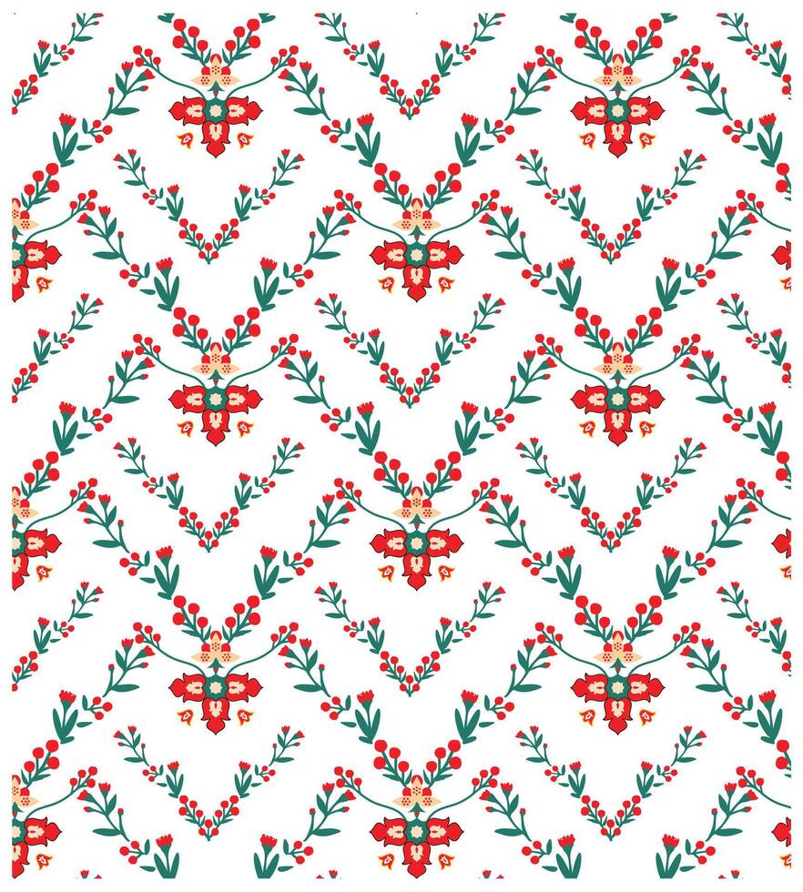 A repeating pattern of red and green floral motifs with blue accents on a white background. vector