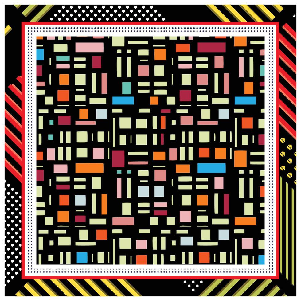 Abstract geometric pattern in square print scarf with colorful squares on a black grid, surrounded by a decorative border. vector