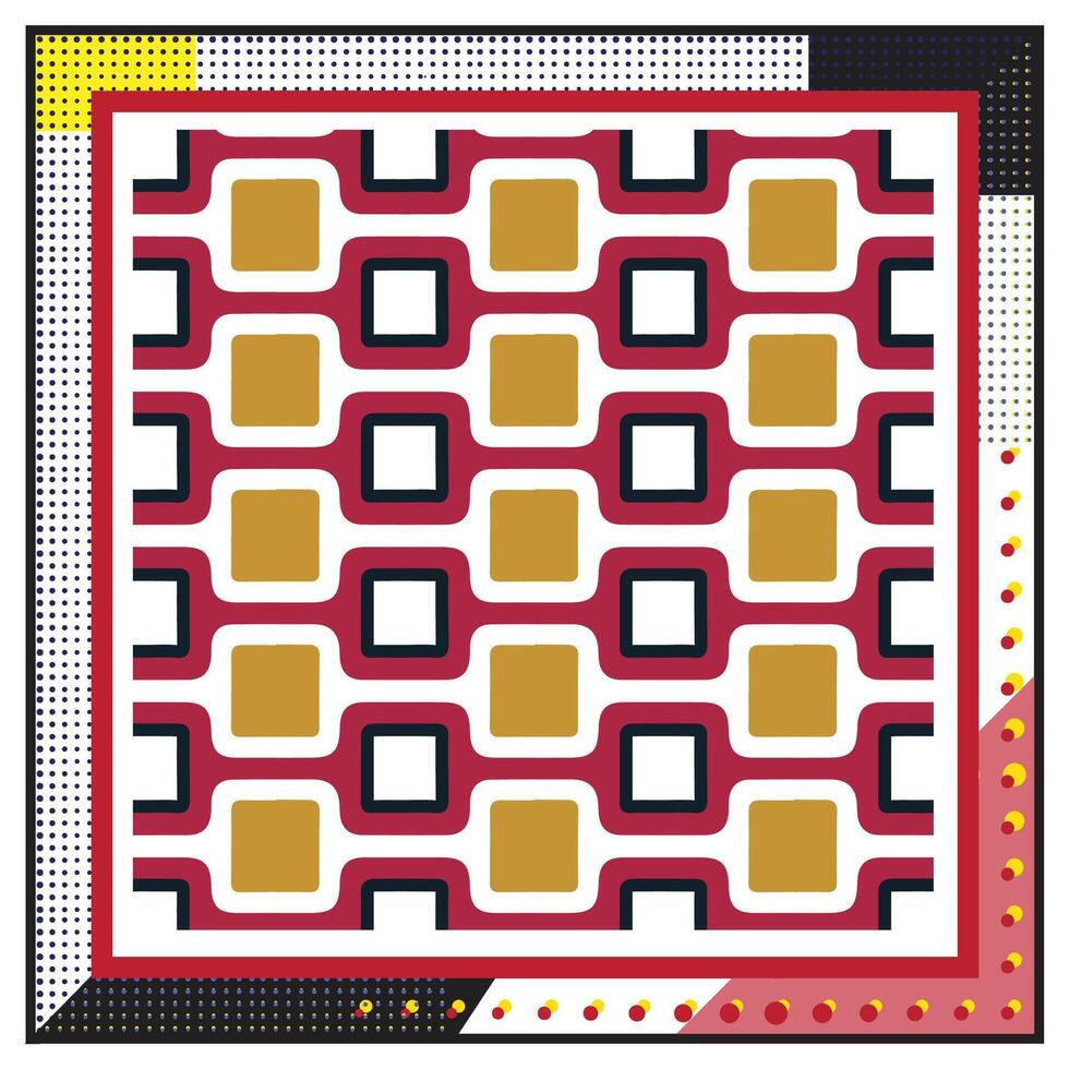 A geometric square scarf print pattern featuring a series of red, white, and gold square shapes with dotted borders. vector