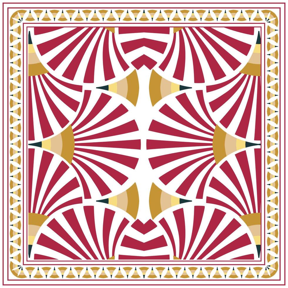 Abstract square print saree, geometric pattern with red, white, and gold tone, and a decorative border. vector