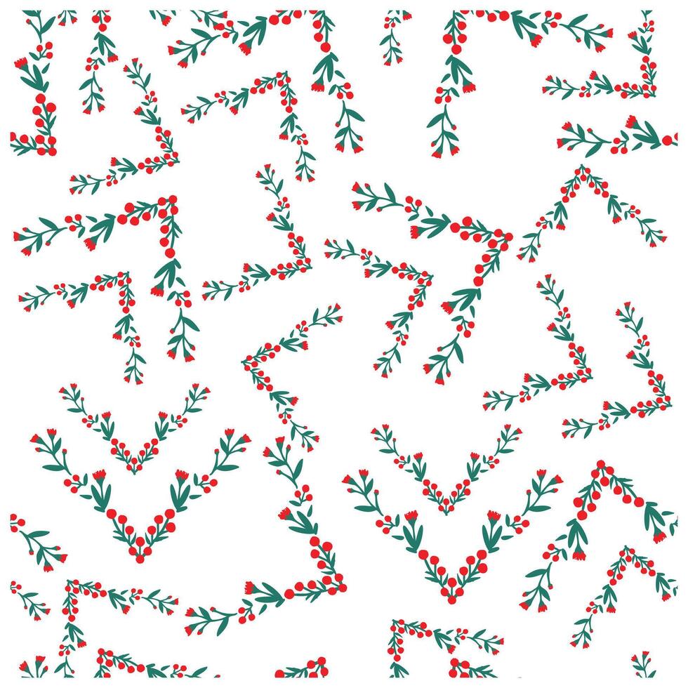 Repeat square print pattern with red berries and green leaves forming chevron shape on a white background. vector
