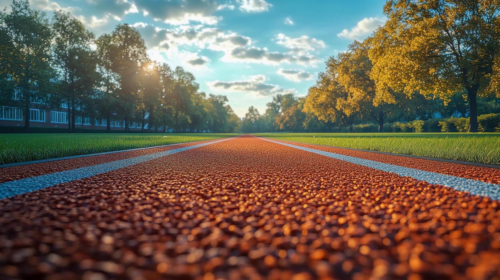 An orange running track with grass and trees photo