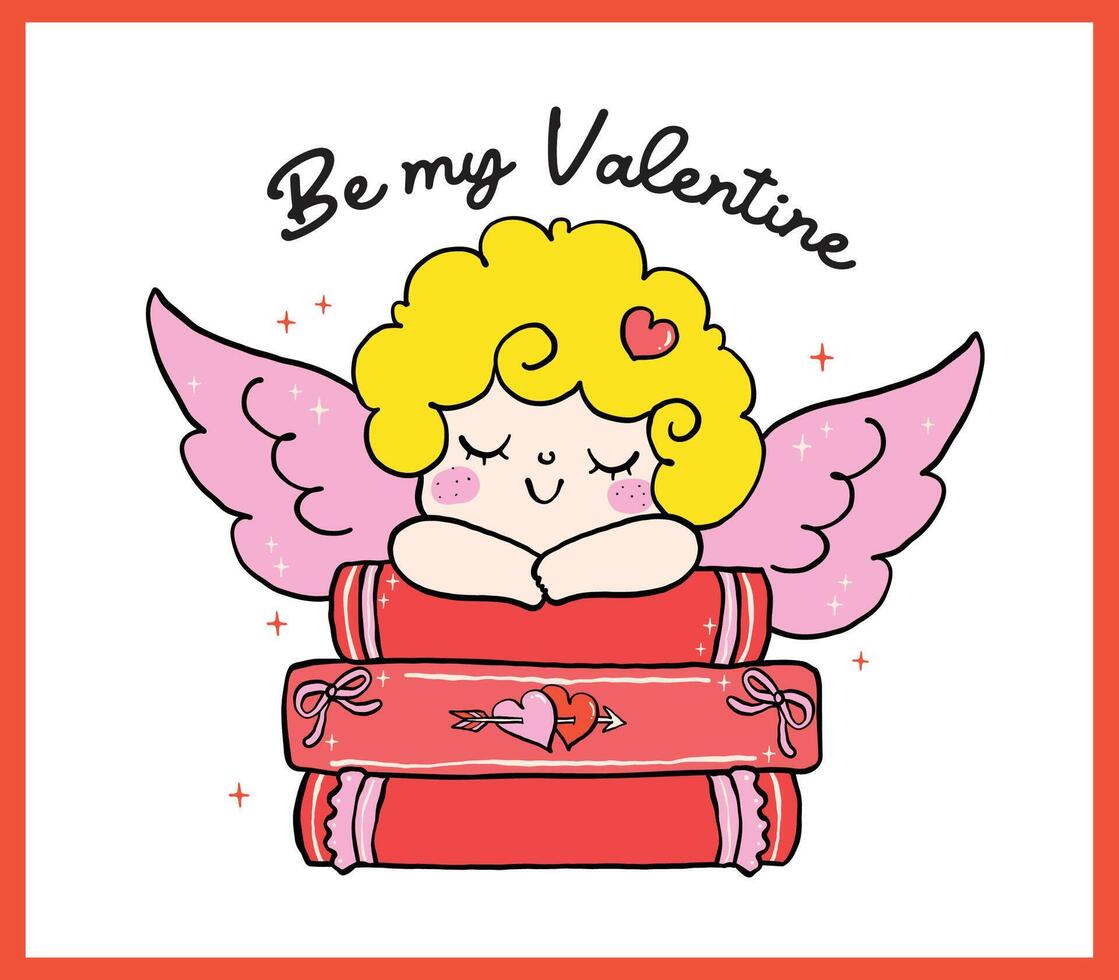 Retro Valentine Bookish Cupid with Book Whimsical Bold Lined Hand Drawn vector