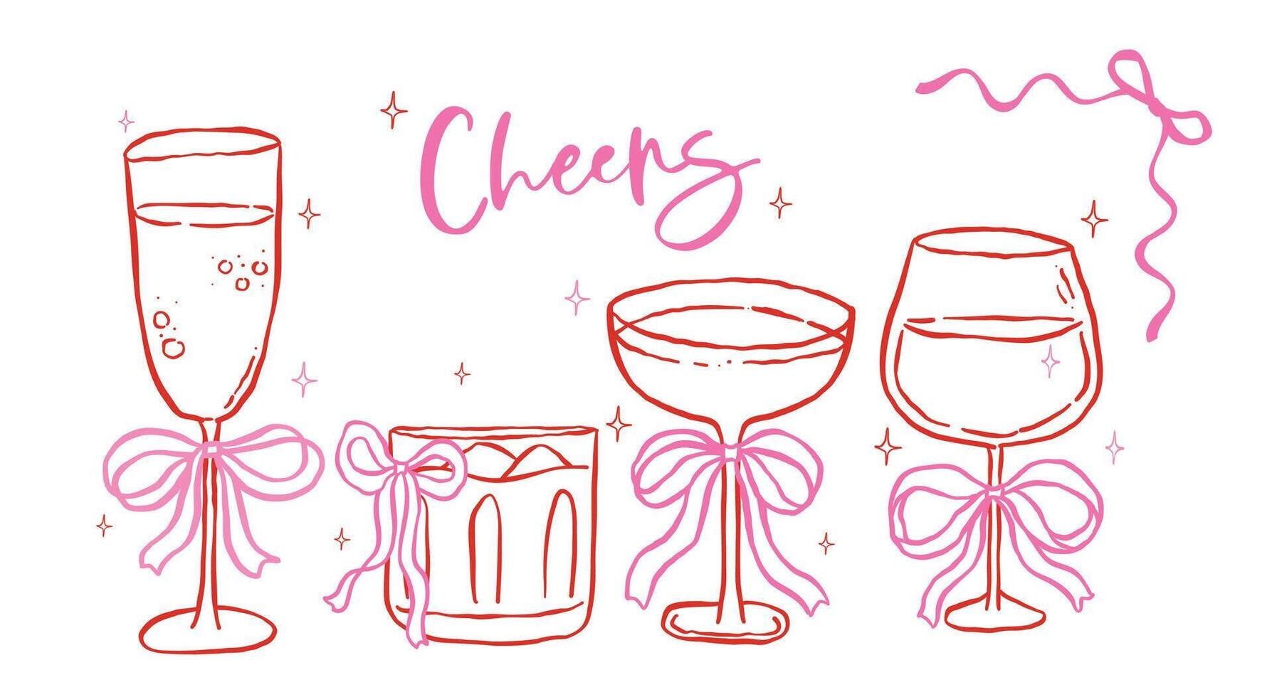 Set of Whimsical Cocktail Glasses with Bow Outline Playful Hand Drawn Groovy Retro vector