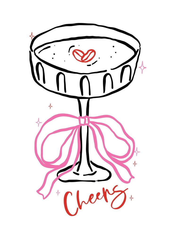 Whimsical Espresso Martini Glasse with Bow and cherries Heart Outline Hand Drawn Groovy Retro Playful vector