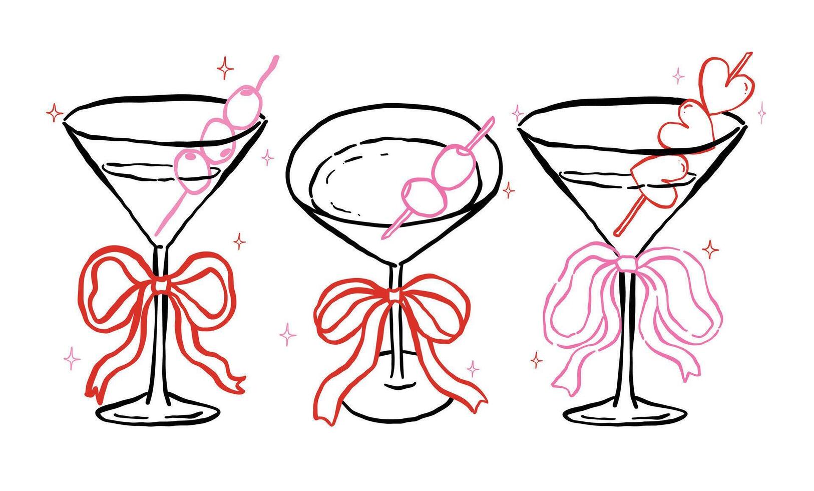 Whimsical Martini Glasses with Bow and olive Outline Hand Drawn Groovy Retro Playful Style set vector