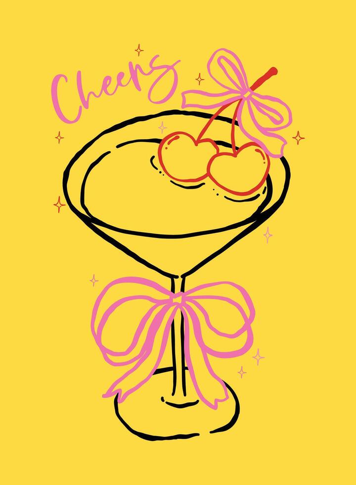 Whimsical Martini Glasses with Bow and cherries Heart Outline Hand Drawn Groovy Retro Playful Style vector