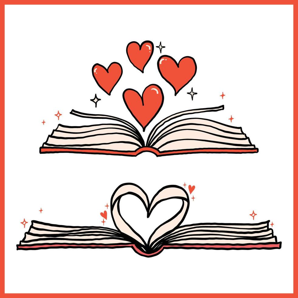 Retro Valentine Bookish Vibrant Open Book Heart Shaped Whimsical Bold Hand Drawn set vector