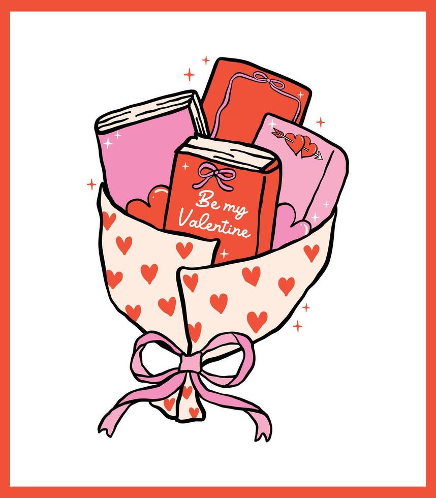 Retro Valentine Bookish Books in bouquet Whimsical Bold Lined Hand Drawn vector
